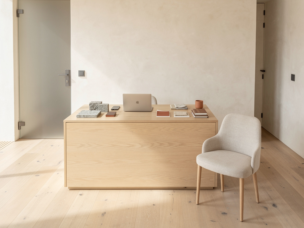 The studio entrance with an oak front desk holding a laptop, a phone and material samples, a linen chair nearby, nobody 