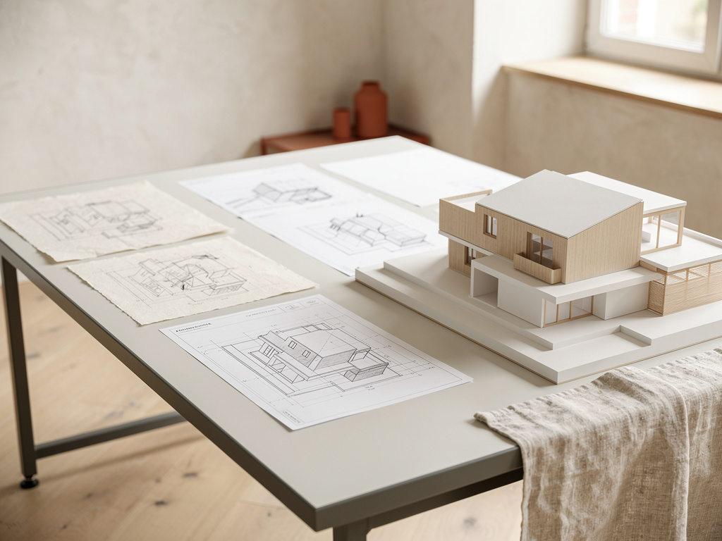 A large studio table with sketches, technical drawings and a scale model laid out in sequence.