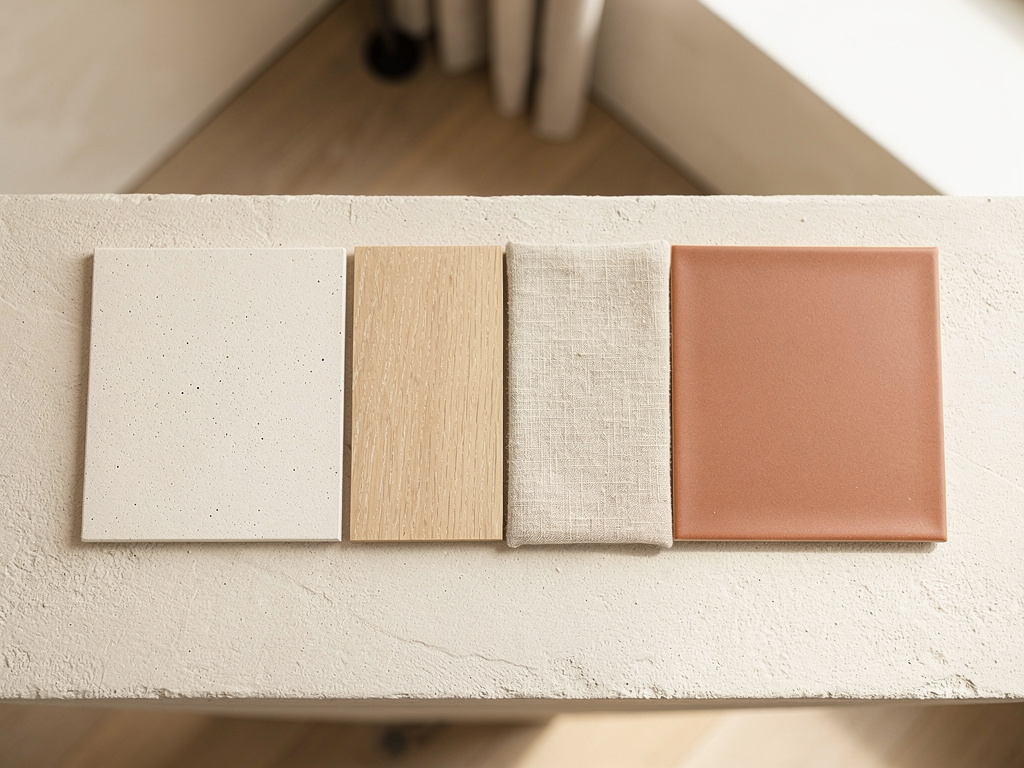 A close-up of a sample board with sand plaster, pale oak, linen and terracotta tile arranged side by side.