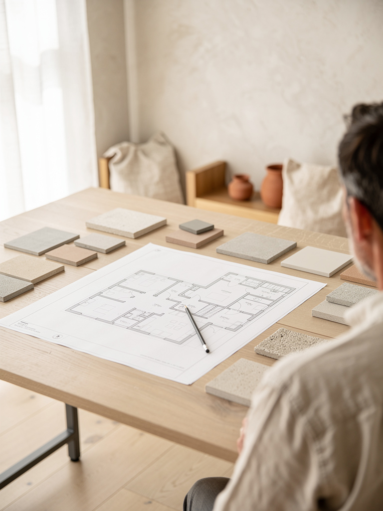 An architect seen from behind at a pale oak studio table covered with floor plans, material swatches and a graphite penc